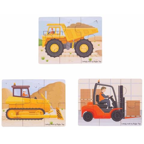 BIGJIGS Toys Set 3 puzzle din lemn - Vehicule pentru constructii