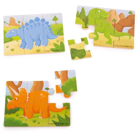 BIGJIGS Toys Set 3 puzzle din lemn - Dinozauri