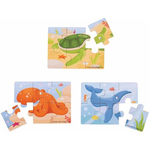 BIGJIGS Toys Set 3 puzzle din lemn - Lumea acvatica
