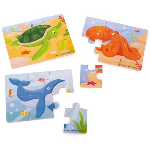 BIGJIGS Toys Set 3 puzzle din lemn - Lumea acvatica