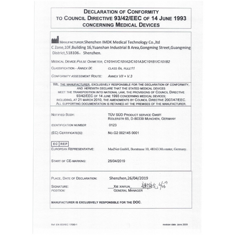 iMDK Pulsoximetru pentru deget, Certificat Medical