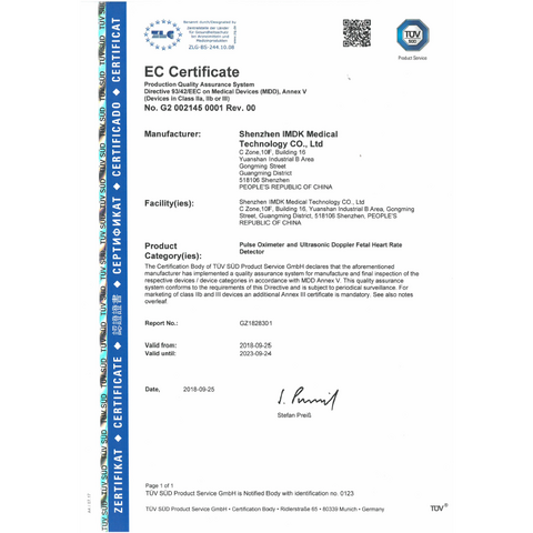 iMDK Pulsoximetru pentru deget, Certificat Medical