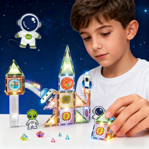 Bufnitel Labirint magnetic Diamond cu lumini - In spatiu 69 piese (7.5 cm)